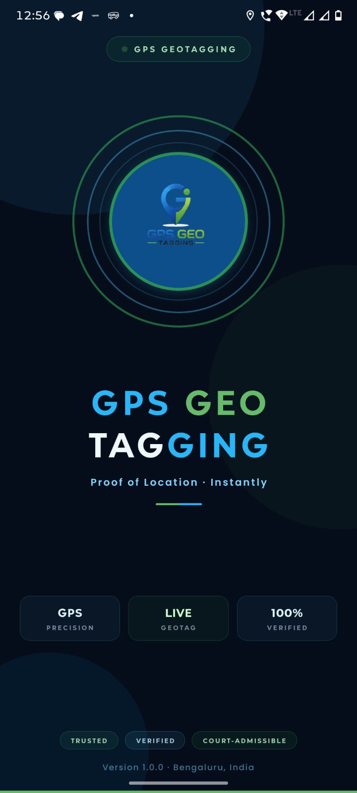 GPS Geo Tagging app splash screen with GPS precision, live geotag and 100% verified badges